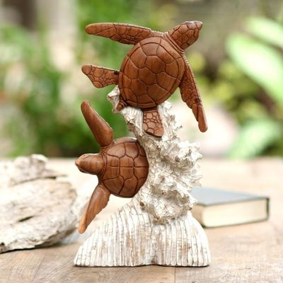 Alternate image for Handmade Suar Wood Turtle Sculpture from Bali Turtles and Coral