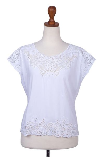 Alternate image for Floral Embroidered Rayon Blouse in White from Bali White Kusuma