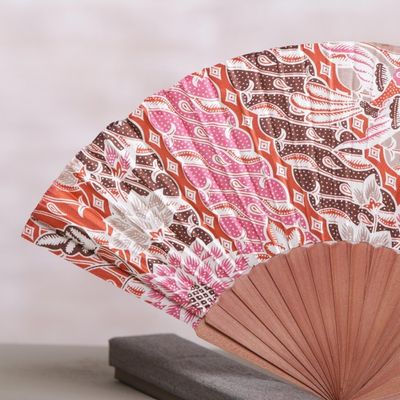 Alternate image for Handcrafted Printed Batik Silk and Pinewood Fan from Bali Nature of Parang