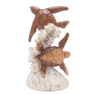 Alternate image for Handmade Suar Wood Turtle Sculpture from Bali Turtles and Coral