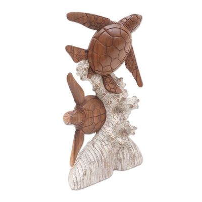 Alternate image for Handmade Suar Wood Turtle Sculpture from Bali Turtles and Coral