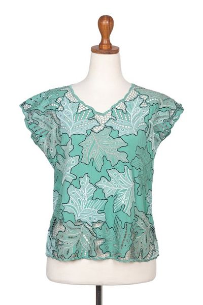 Alternate image for Embroidered Viridian Rayon Top with Leafy Motifs Viridian Fall
