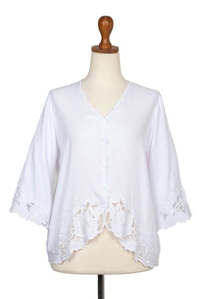 Alternate image for Floral Embroidered White Rayon Blouse from Bali Blossom Delight