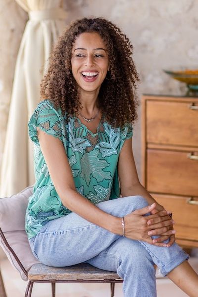 Alternate image for Embroidered Viridian Rayon Top with Leafy Motifs Viridian Fall