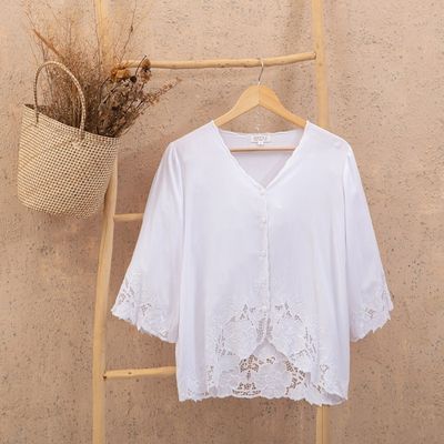 Alternate image for Floral Embroidered White Rayon Blouse from Bali Blossom Delight