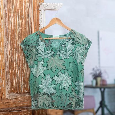 Alternate image for Embroidered Viridian Rayon Top with Leafy Motifs Viridian Fall