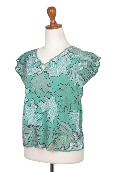 Alternate image for Embroidered Viridian Rayon Top with Leafy Motifs Viridian Fall