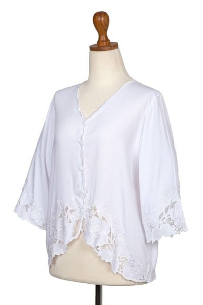 Alternate image for Floral Embroidered White Rayon Blouse from Bali Blossom Delight