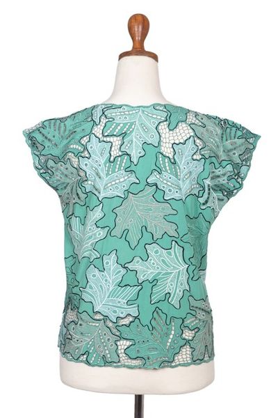 Alternate image for Embroidered Viridian Rayon Top with Leafy Motifs Viridian Fall