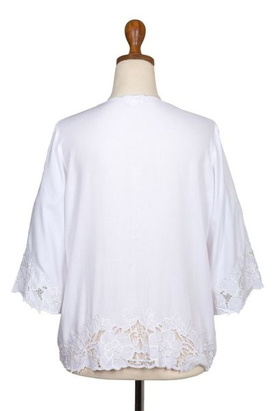 Alternate image for Floral Embroidered White Rayon Blouse from Bali Blossom Delight