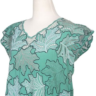 Alternate image for Embroidered Viridian Rayon Top with Leafy Motifs Viridian Fall