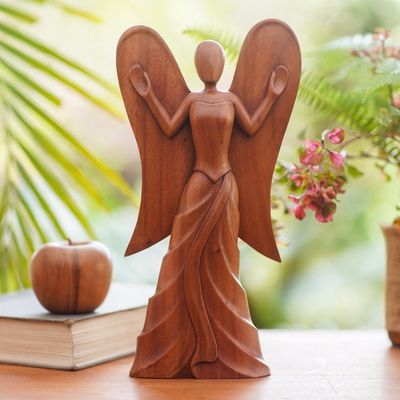 Alternate image for Hand Carved Suar Wood Angel Statuette Angel in Heaven