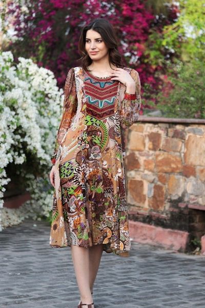 Alternate image for Embroidered Viscose Chiffon A-Line Dress Royal Waves