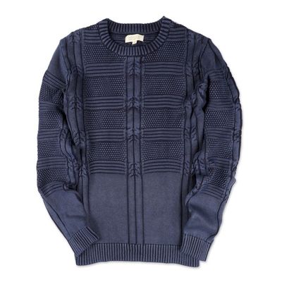 Alternate image for Mens Indigo Cotton Sweater with a Unique Pattern from India Gallant Indigo