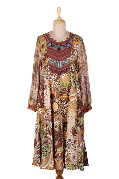 Alternate image for Embroidered Viscose Chiffon A-Line Dress Royal Waves