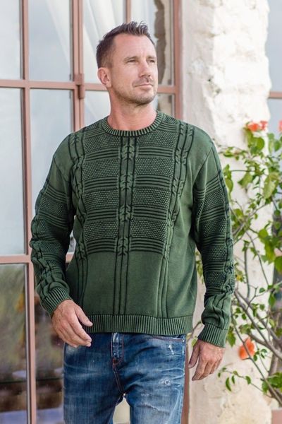 Alternate image for Mens Green Cotton Sweater with a Unique Pattern from India Gallant Green