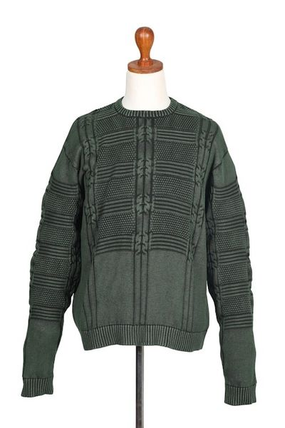 Alternate image for Mens Green Cotton Sweater with a Unique Pattern from India Gallant Green