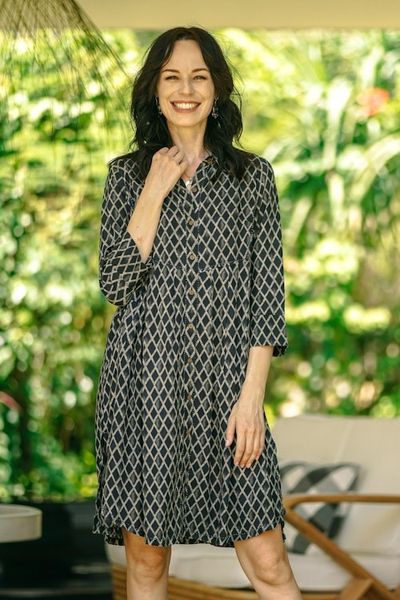 Alternate image for Dark Blue and Grey Beaded Shirtdress Creative Fusion in Indigo