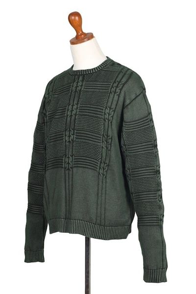 Alternate image for Mens Green Cotton Sweater with a Unique Pattern from India Gallant Green