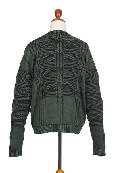 Alternate image for Mens Green Cotton Sweater with a Unique Pattern from India Gallant Green