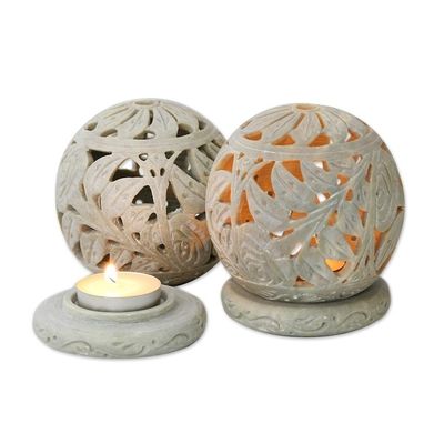 Alternate image for Natural Soapstone Candle Holder Hand Made Jali Pair Set Tea Roses