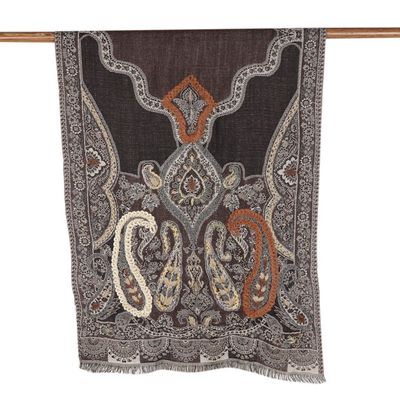 Alternate image for Hand-Embroidered Wool Shawl with Warm-Toned Paisley Details Beguiling Paisley