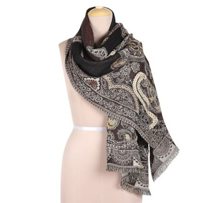 Alternate image for Hand-Embroidered Wool Shawl with Warm-Toned Paisley Details Beguiling Paisley