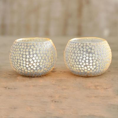 Alternate image for White Star Glass Mosaic Tealight Holders Pair Festive Stars