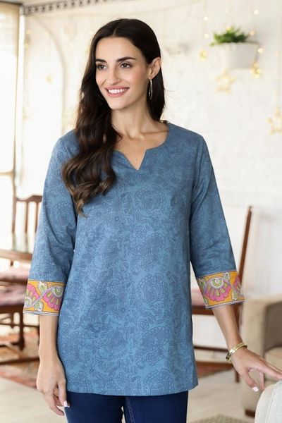 Alternate image for Block-Printed Cotton Tunic with Paisley Motif Paisley Buds