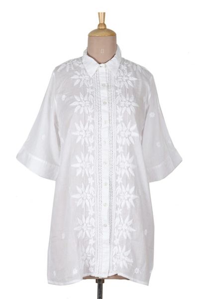 Alternate image for Chikankari Embroidered White Button Front Blouse Festive White