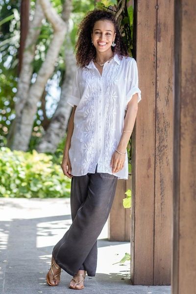 Alternate image for Chikankari Embroidered White Button Front Blouse Festive White