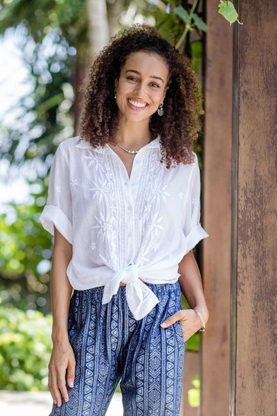 Alternate image for Chikankari Embroidered White Button Front Blouse Festive White