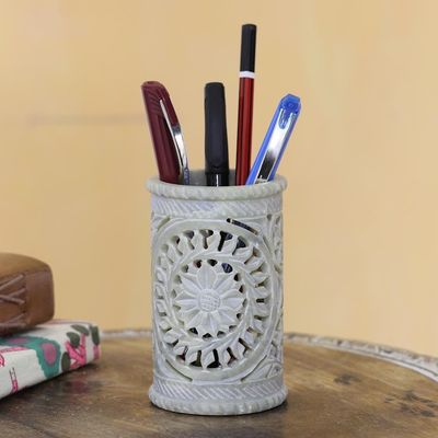 Alternate image for Hand Made Soapstone Floral Pen Holder Botanical Fantasy