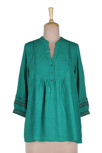 Alternate image for Embroidered Green Viscose Tunic Viridian Beauty