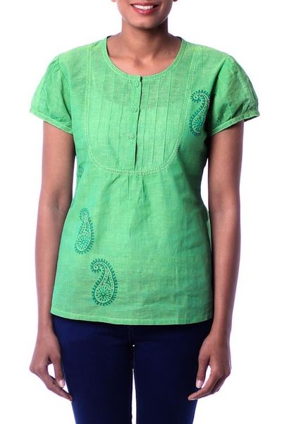 Alternate image for Hand Crafted Womens Paisley Cotton Embroidered Blouse Top Feminine Lime
