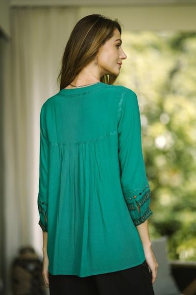 Alternate image for Embroidered Green Viscose Tunic Viridian Beauty