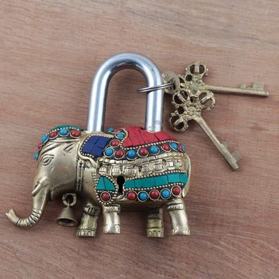 Alternate image for Artisan Crafted Brass Elephant Lock and Key Set Festive Elephant