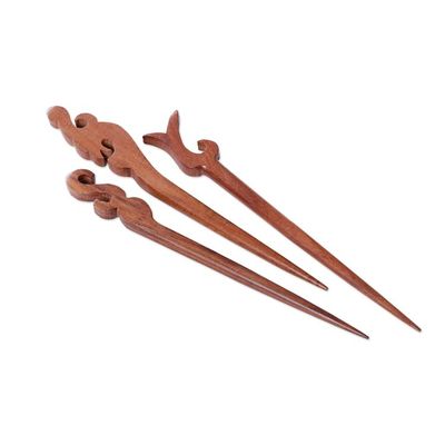 Alternate image for Set of 3 Hand-Carved Natural Brown Mango Wood Hairpins Palatial Grace