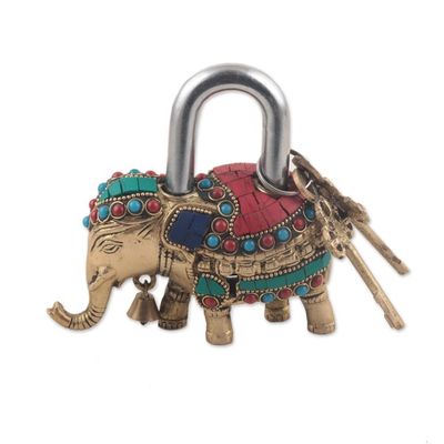 Alternate image for Artisan Crafted Brass Elephant Lock and Key Set Festive Elephant