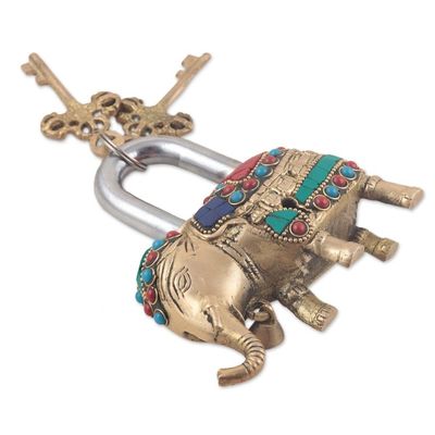 Alternate image for Artisan Crafted Brass Elephant Lock and Key Set Festive Elephant