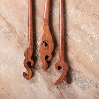 Alternate image for Set of 3 Hand-Carved Natural Brown Mango Wood Hairpins Palatial Grace