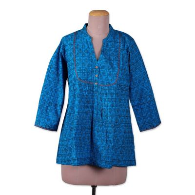 Alternate image for Block-Printed Patterned Blue Cotton Tunic from India Magical Spring