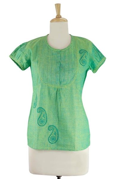 Alternate image for Hand Crafted Womens Paisley Cotton Embroidered Blouse Top Feminine Lime