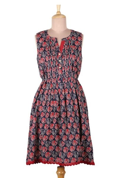 Alternate image for Blue and Red Print A-Line Cotton Dress Tulip Delight
