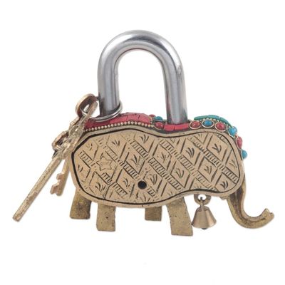 Alternate image for Artisan Crafted Brass Elephant Lock and Key Set Festive Elephant