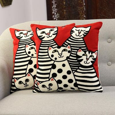 Alternate image for Cat-Themed Embroidered Cotton Cushion Covers Pair Cat Family