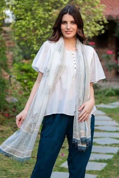 Alternate image for Block-Printed Paisley-Motif Viscose Shawl Grey Paisley