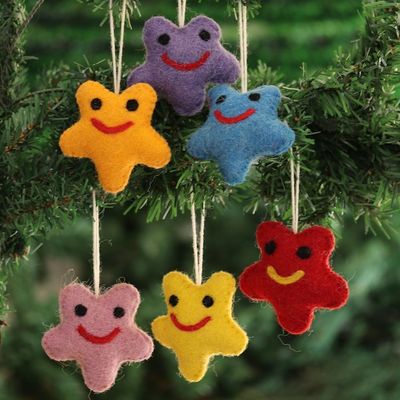 Alternate image for Assorted Wool Felt Star Ornaments from India Set of 6 Cheery Stars