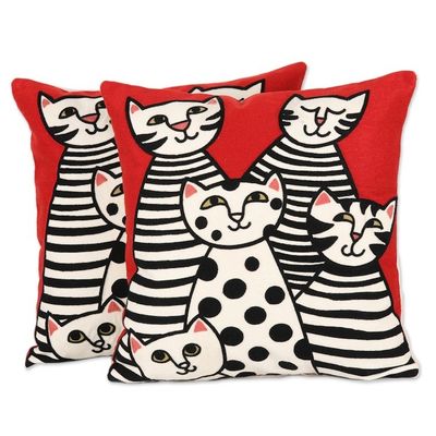 Alternate image for Cat-Themed Embroidered Cotton Cushion Covers Pair Cat Family