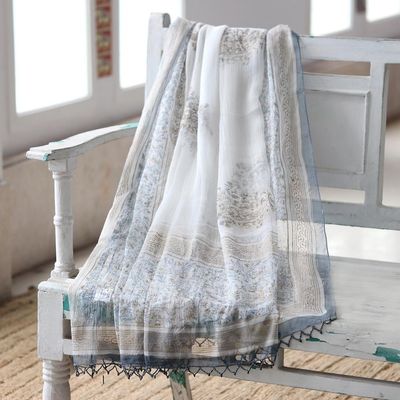 Alternate image for Block-Printed Paisley-Motif Viscose Shawl Grey Paisley